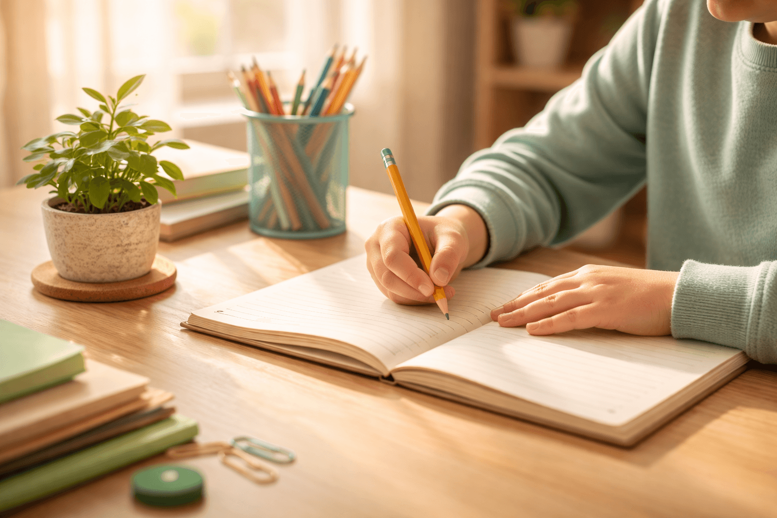A child's hands on a desk with notebook and pencil