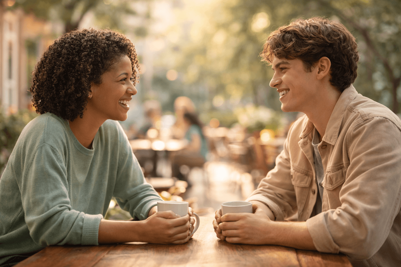 Two young adults in easy, authentic conversation