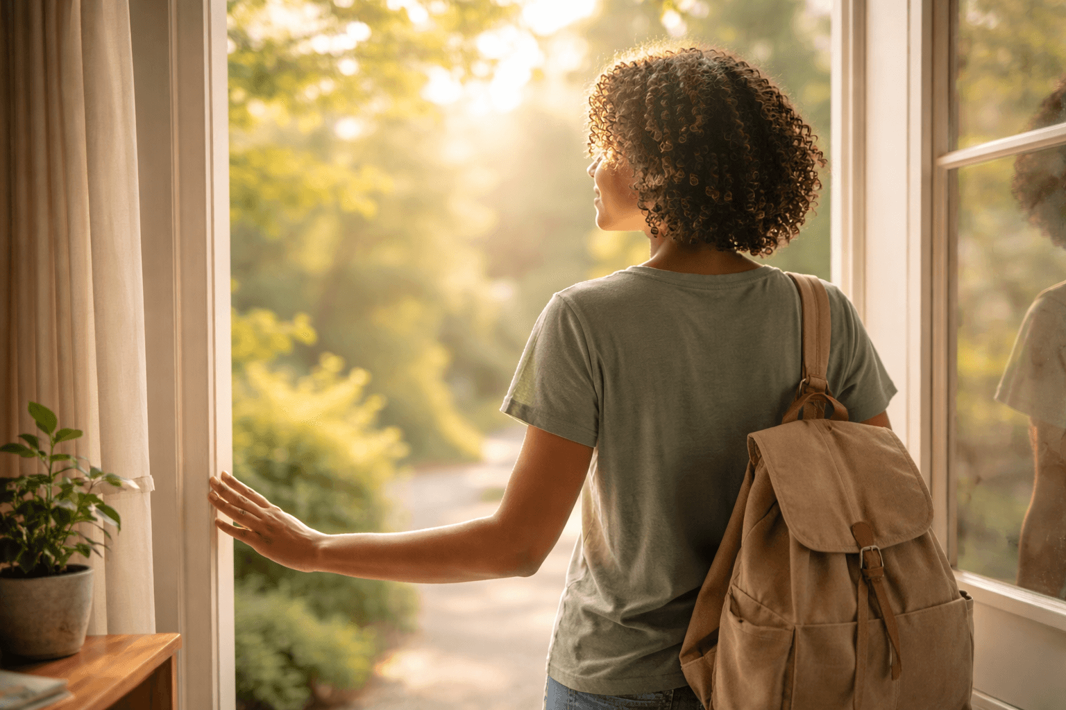 A young adult at an open doorway with quiet possibility ahead
